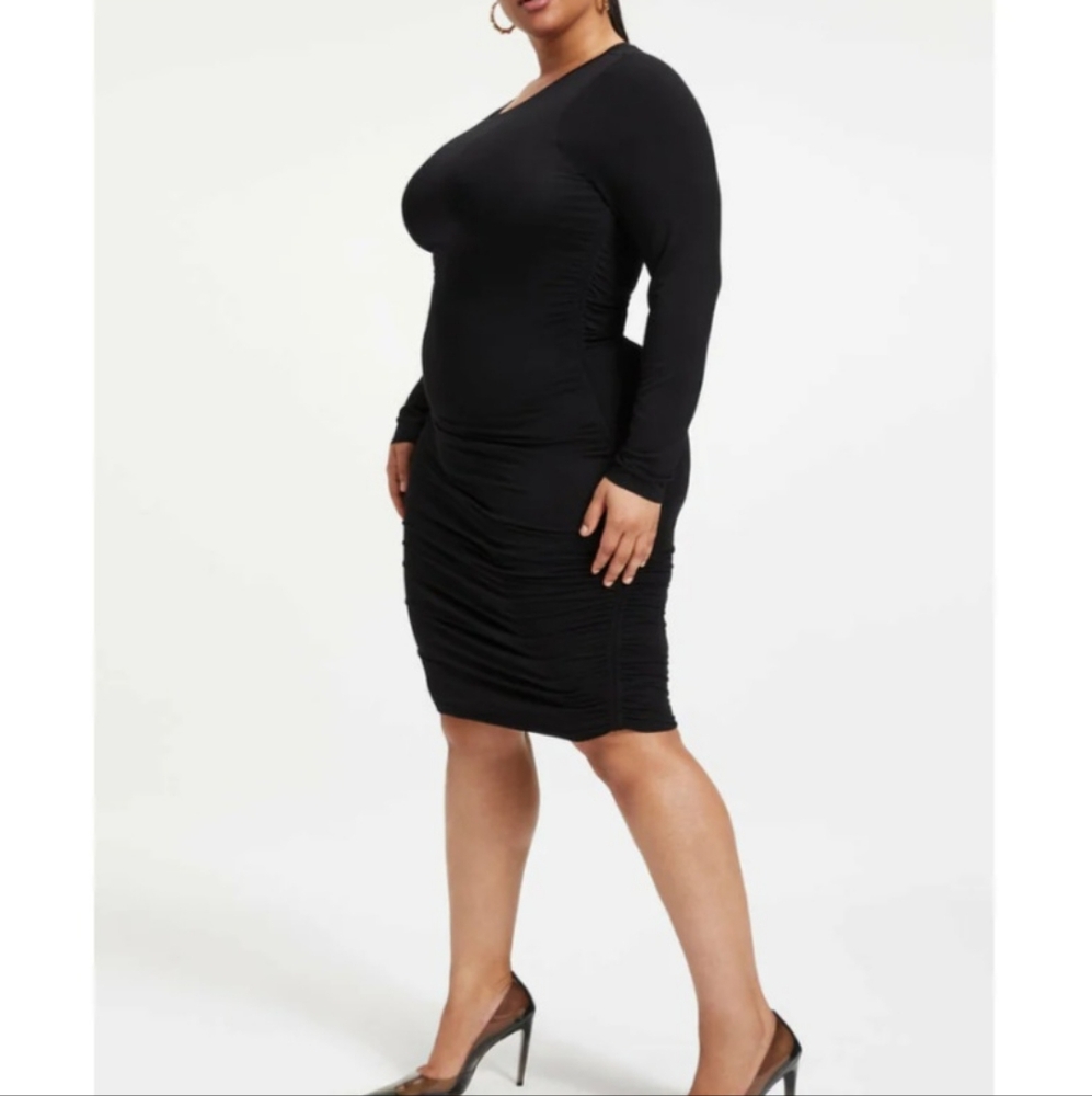 Good American Ruched Midi Dress Bodycon Long Sleeve Stretch Black Size 1 Small